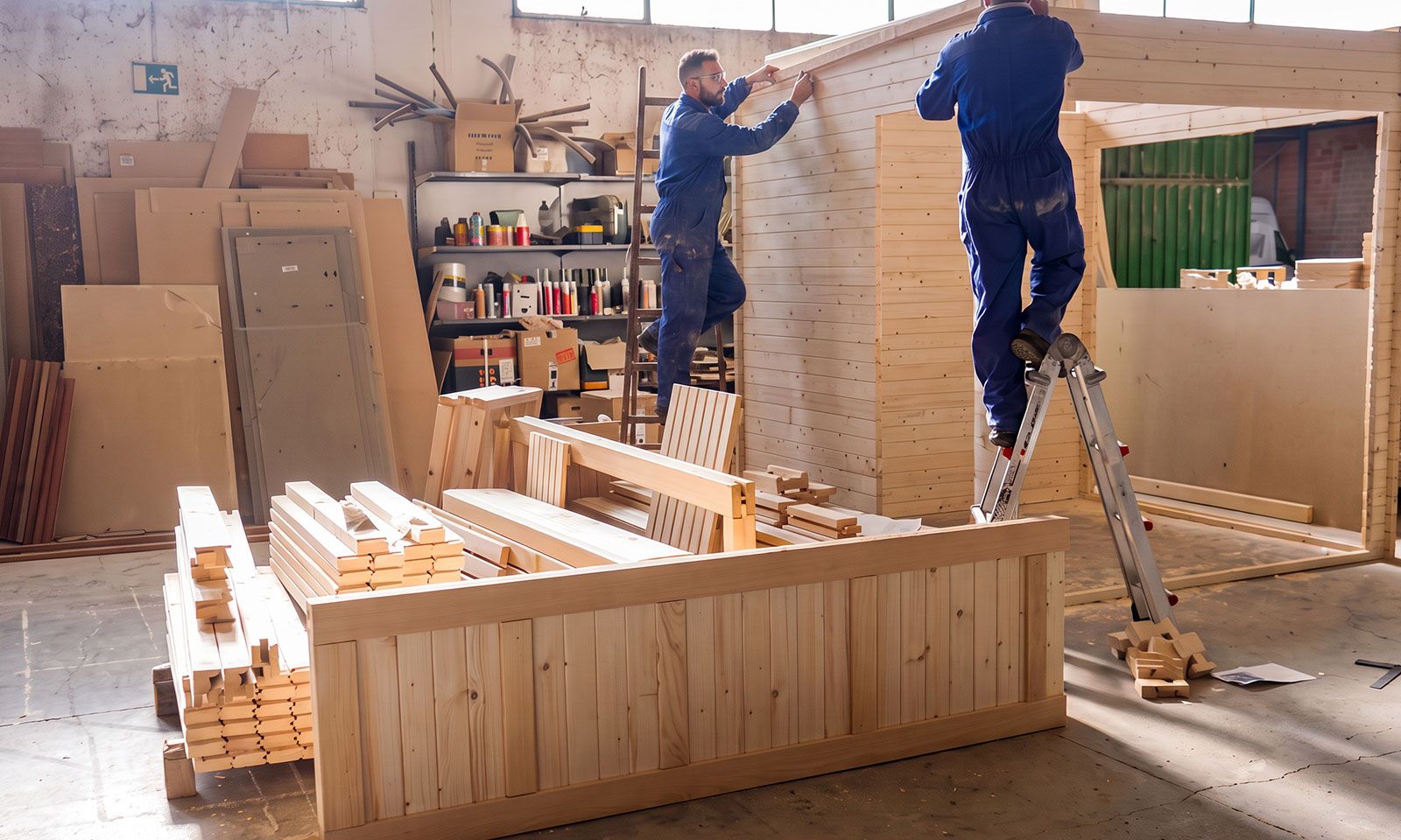Operarios fabricando una sauna a medida en el taller de Saunakris