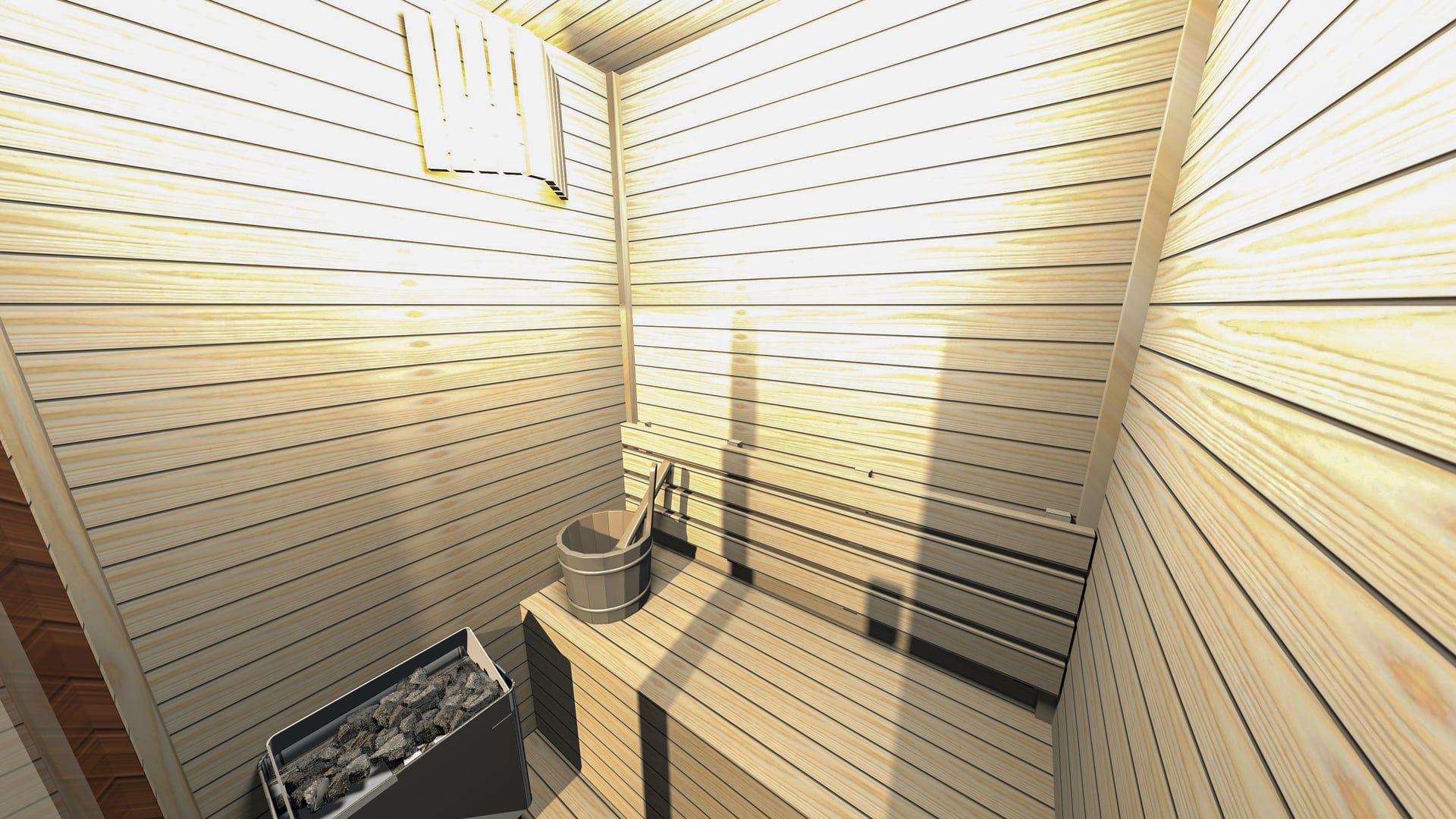 Infografía 3D interior de una propuesta de sauna