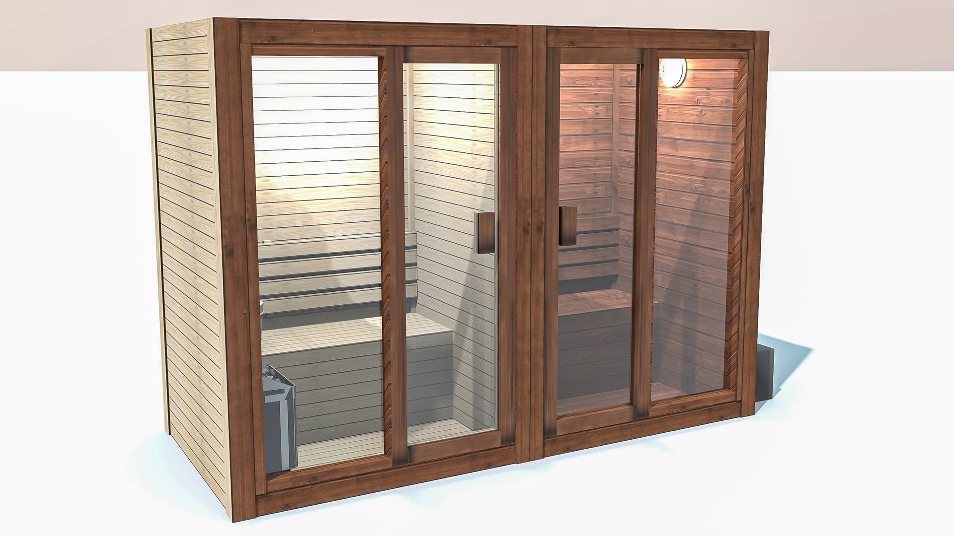 Infografía 3D frontal de una propuesta de sauna